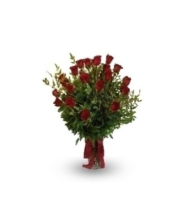 As Shown - 24 Red Roses size, inches height and inches wide.