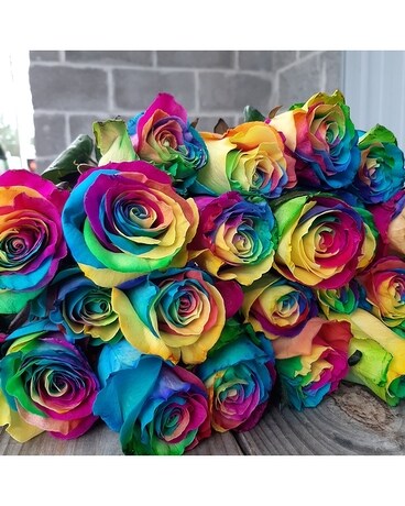 One dozen rainbow roses size, inches height and inches wide.