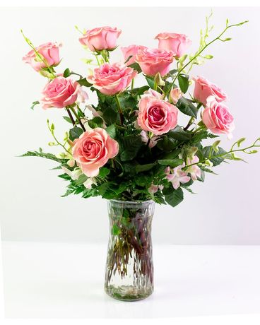 12 Roses with Dendrobium Orchids size, inches height and inches wide.