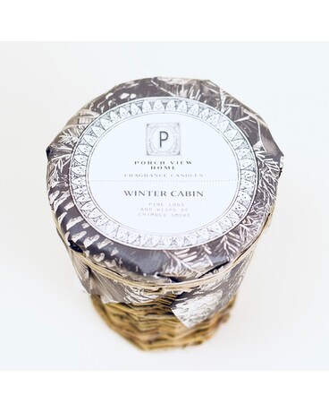 Winter Cabin (Pine logs and wisps of chimney smoke) size, inches height and inches wide.