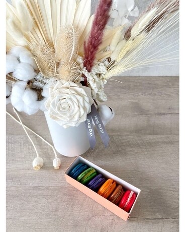 Floral Arrangement, Half Dozen Macarons, and Candle size, inches height and inches wide.