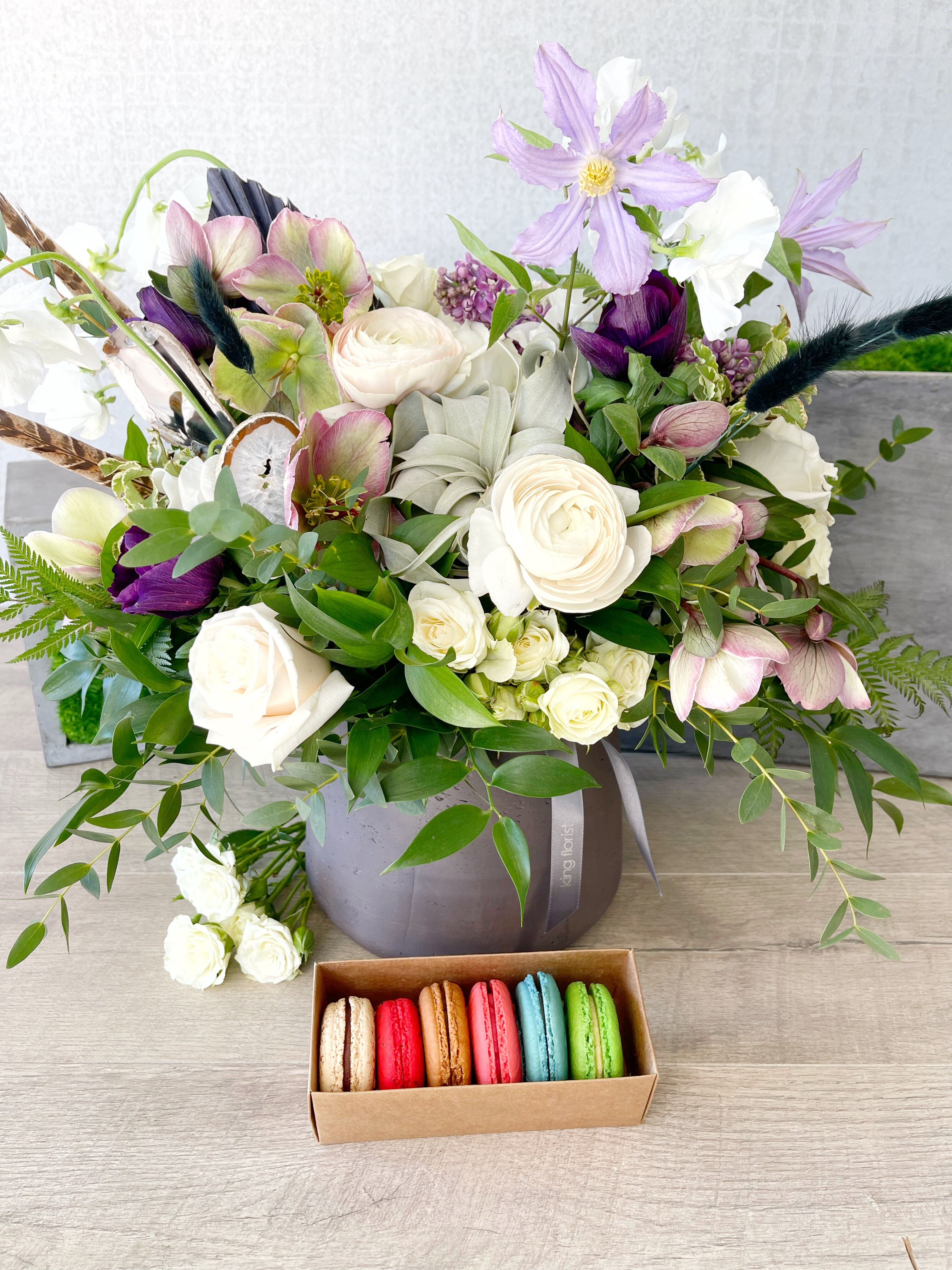 Floral Arrangement and Half Dozen Macarons size, inches height and inches wide.