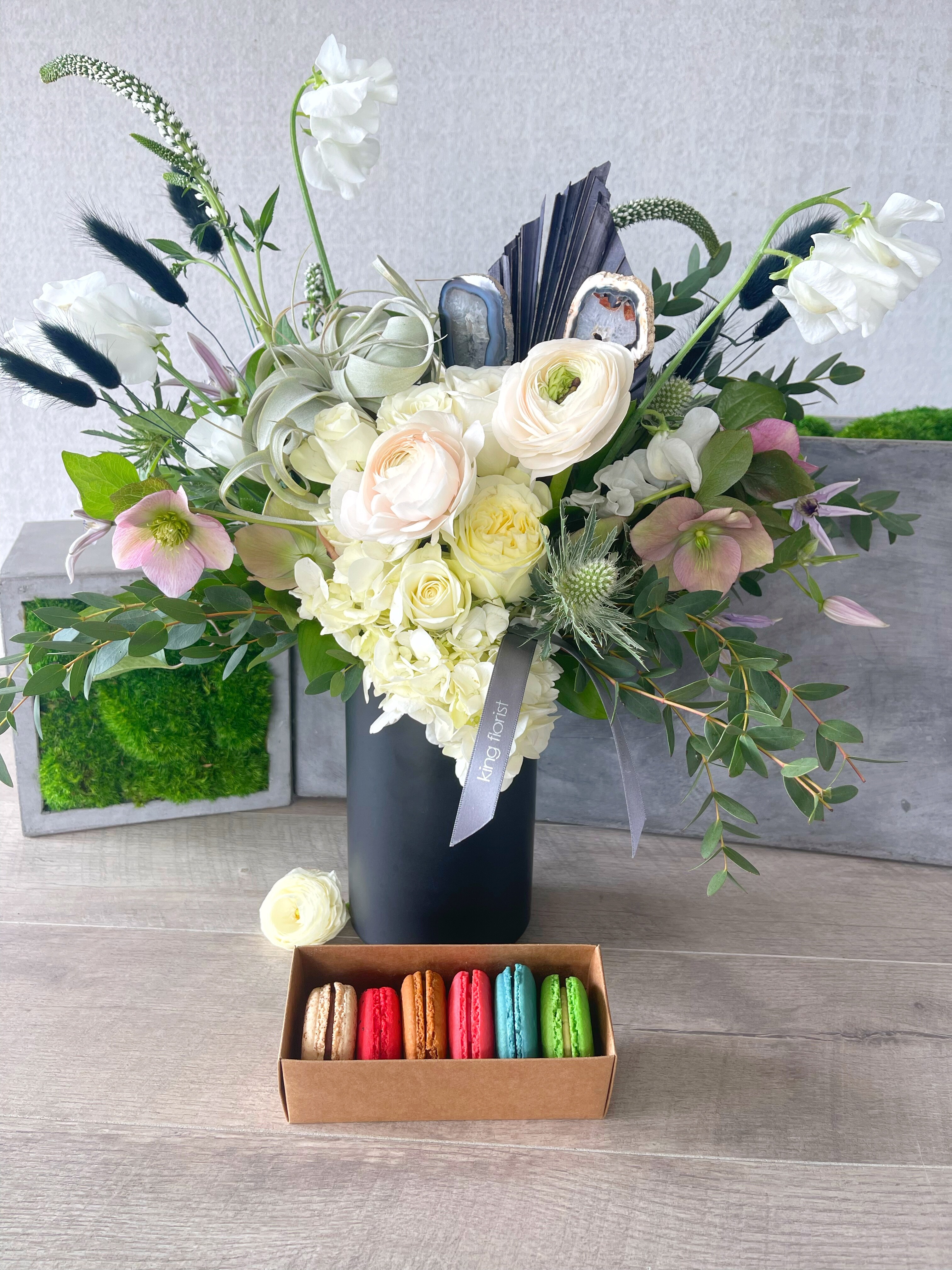 Floral Arrangement and Half Dozen Macarons size, inches height and inches wide.