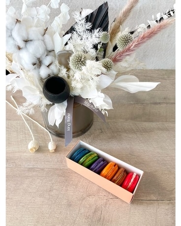 Floral Arrangement and Half Dozen Macarons size, inches height and inches wide.