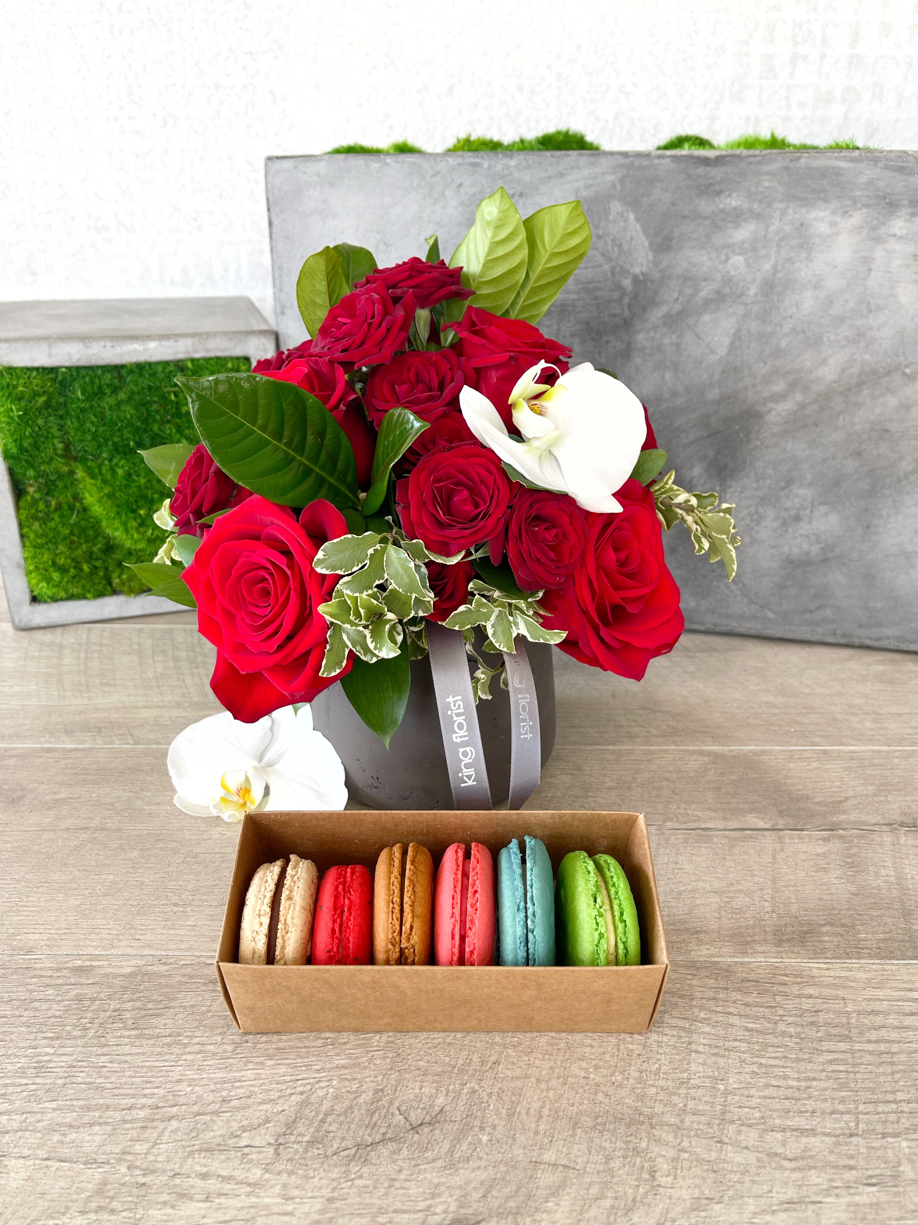 Floral Arrangement and Half Dozen Macarons size, inches height and inches wide.