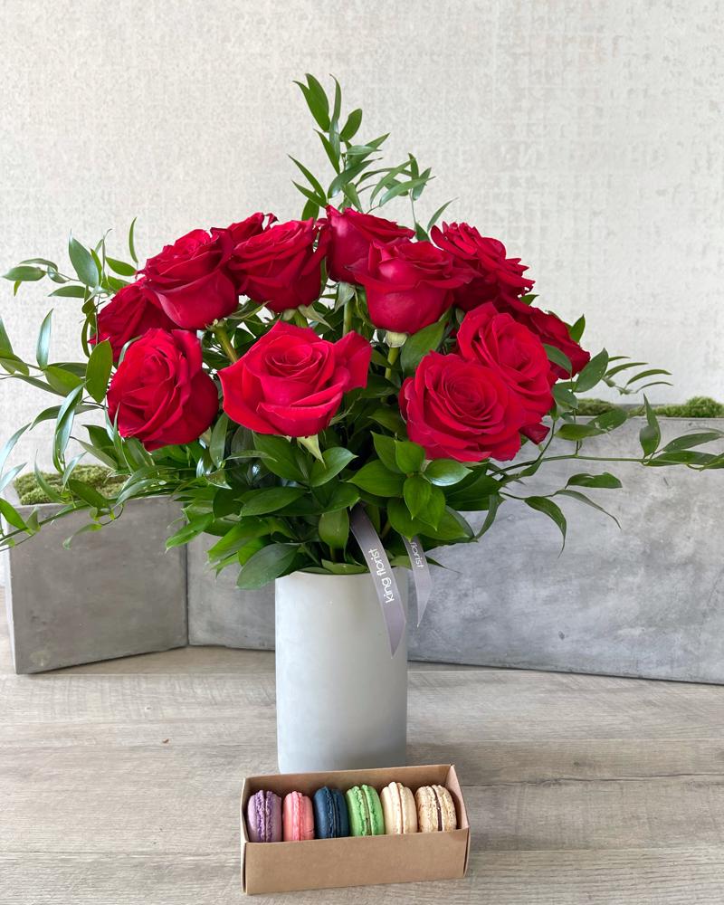 Floral Arrangement and Half Dozen Macarons size, inches height and inches wide.