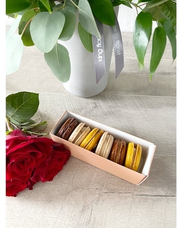 Floral Arrangement, Half Dozen Macarons, and Candle size, inches height and inches wide.