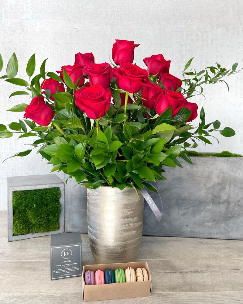 Floral Arrangement, Half Dozen Macarons, and Candle size, inches height and inches wide.