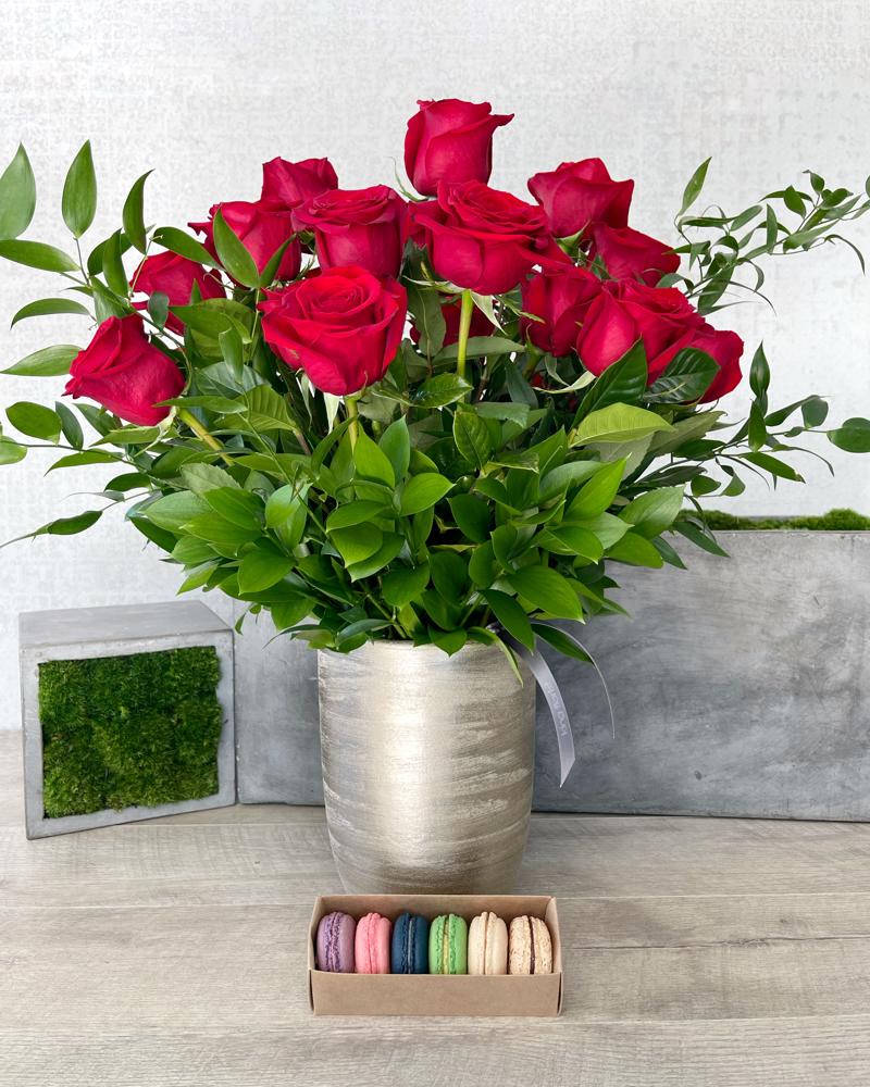 Floral Arrangement and Half Dozen Macarons size, inches height and inches wide.