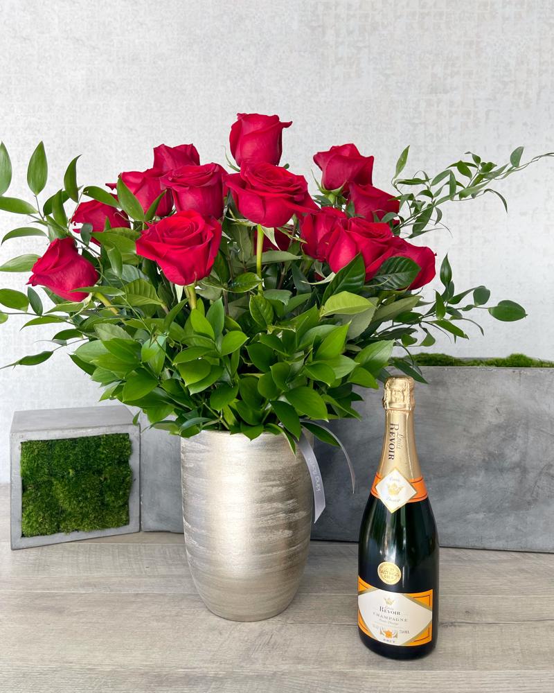 Floral Arrangement and Champagne size, inches height and inches wide.