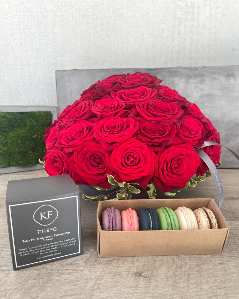 Floral Arrangement, Half Dozen Macarons, and Candle size, inches height and inches wide.