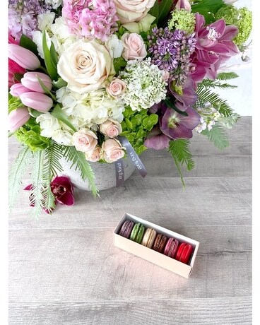Floral Arrangement and Half Dozen Macarons size, inches height and inches wide.