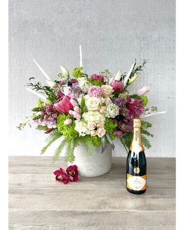 Floral Arrangement and Champagne size, inches height and inches wide.