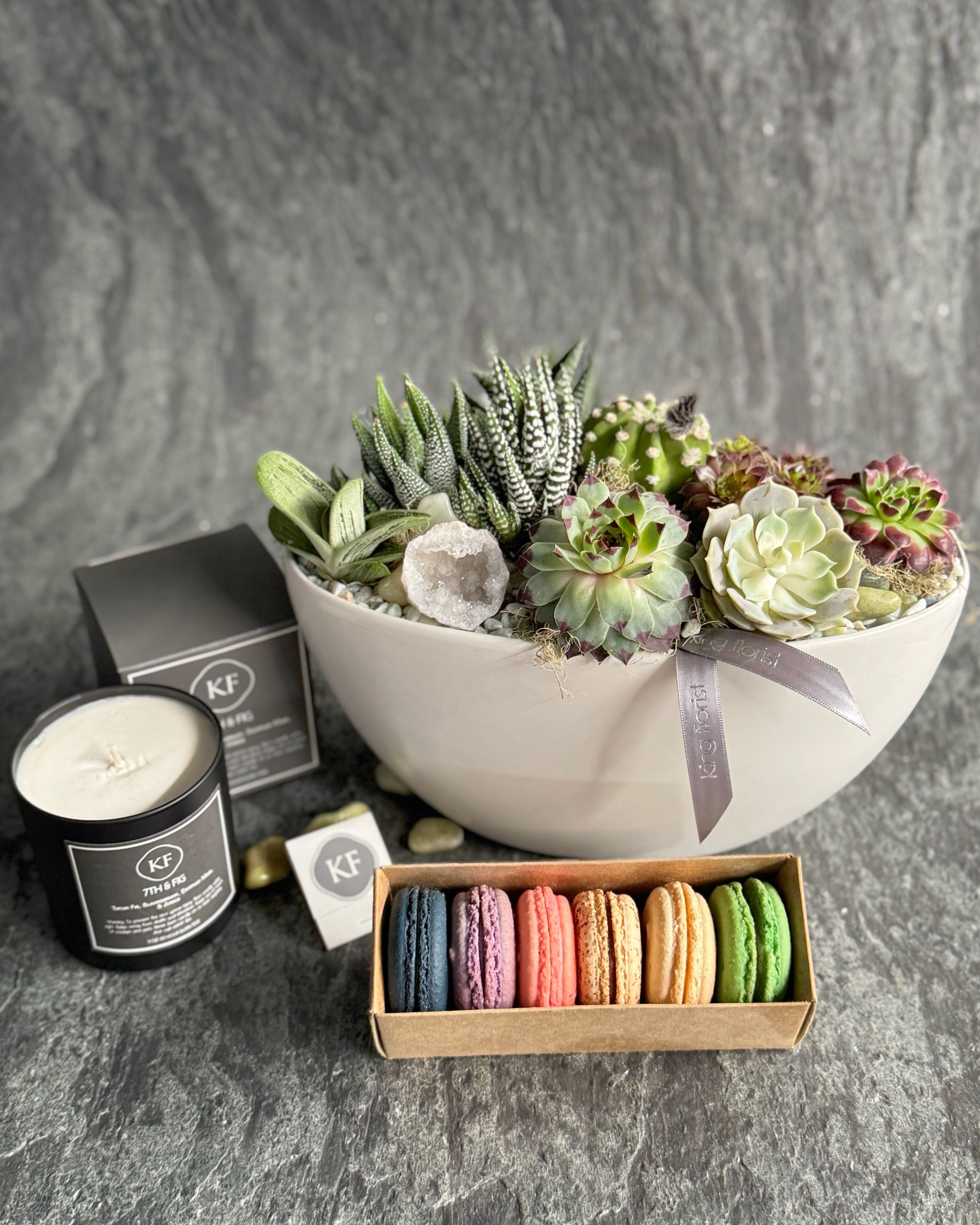 Garden, Half Dozen Macarons and Candle size, inches height and inches wide.