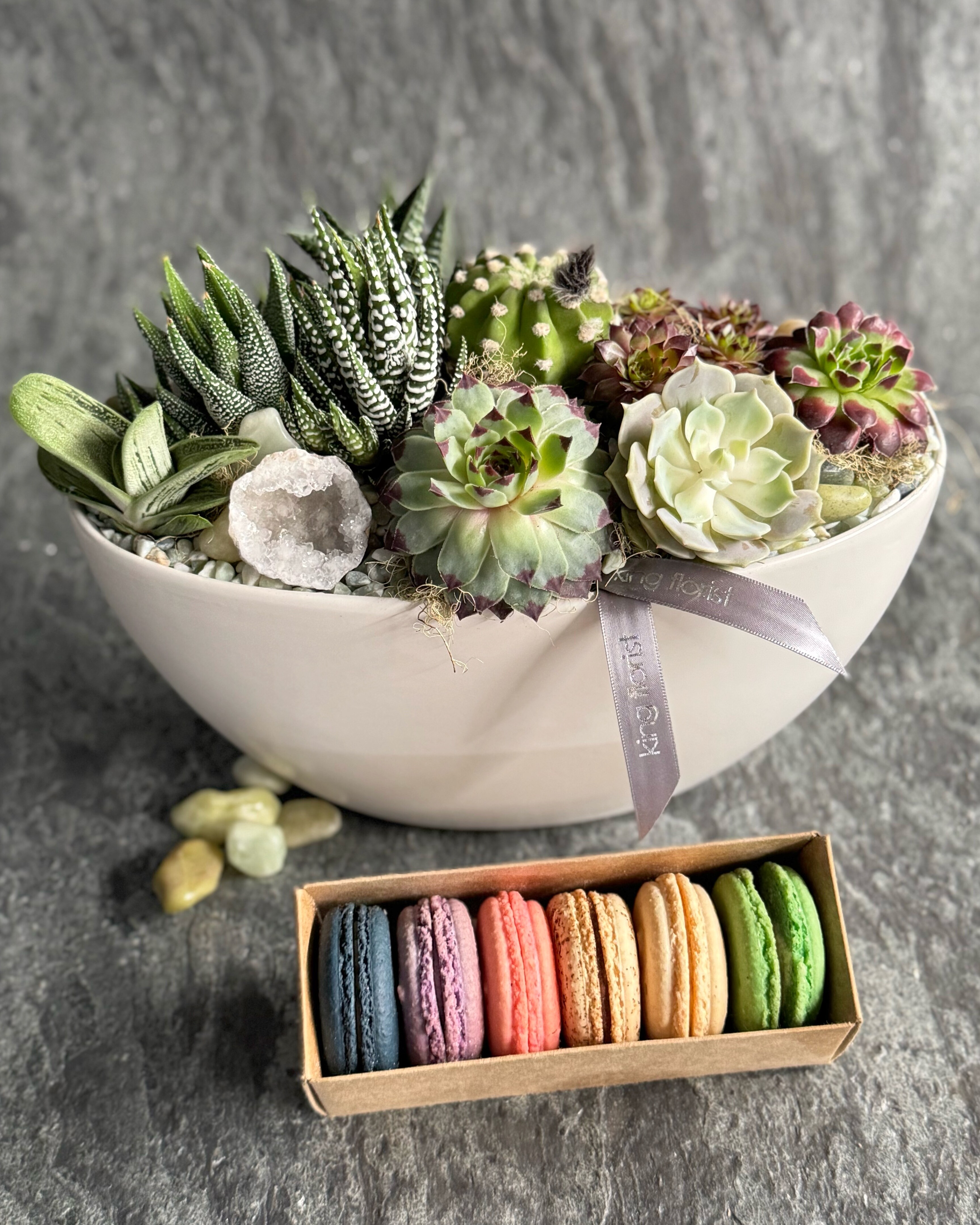 Garden and Half Dozen Macarons size, inches height and inches wide.