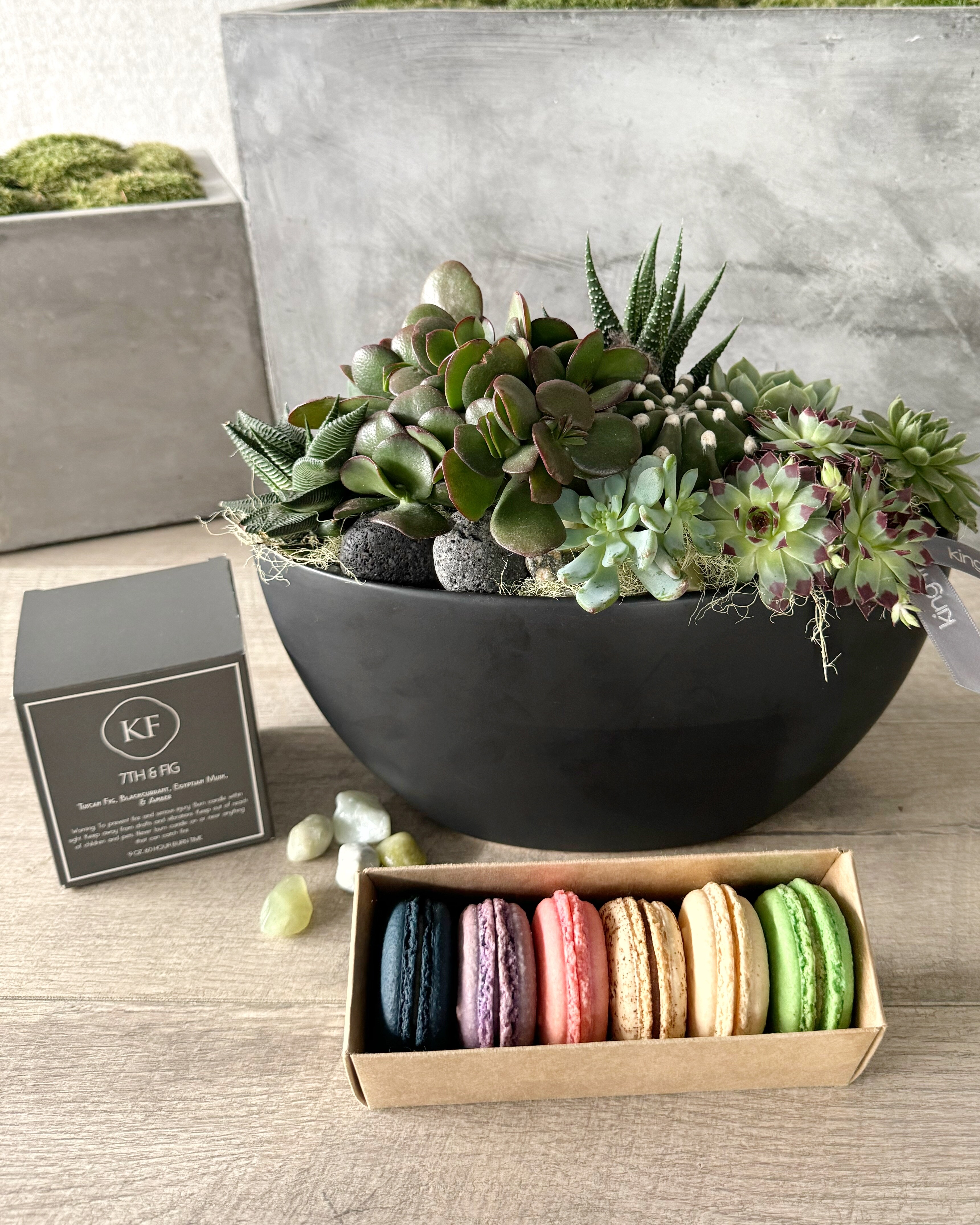 Garden, Half Dozen Macarons, and Candle size, inches height and inches wide.
