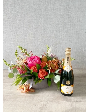 Floral Arrangement and Champagne size, inches height and inches wide.