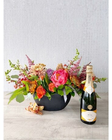 Floral Arrangement and Champagne size, inches height and inches wide.