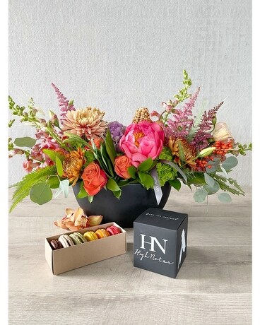 Floral Arrangement, Half Dozen Macarons, and Candle size, inches height and inches wide.