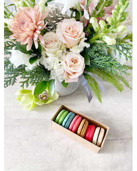 Floral Arrangement and Half Dozen Macarons size, inches height and inches wide.