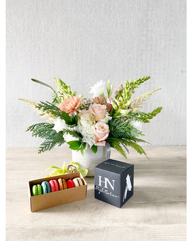 Floral Arrangement, Half Dozen Macarons, and Candle size, inches height and inches wide.