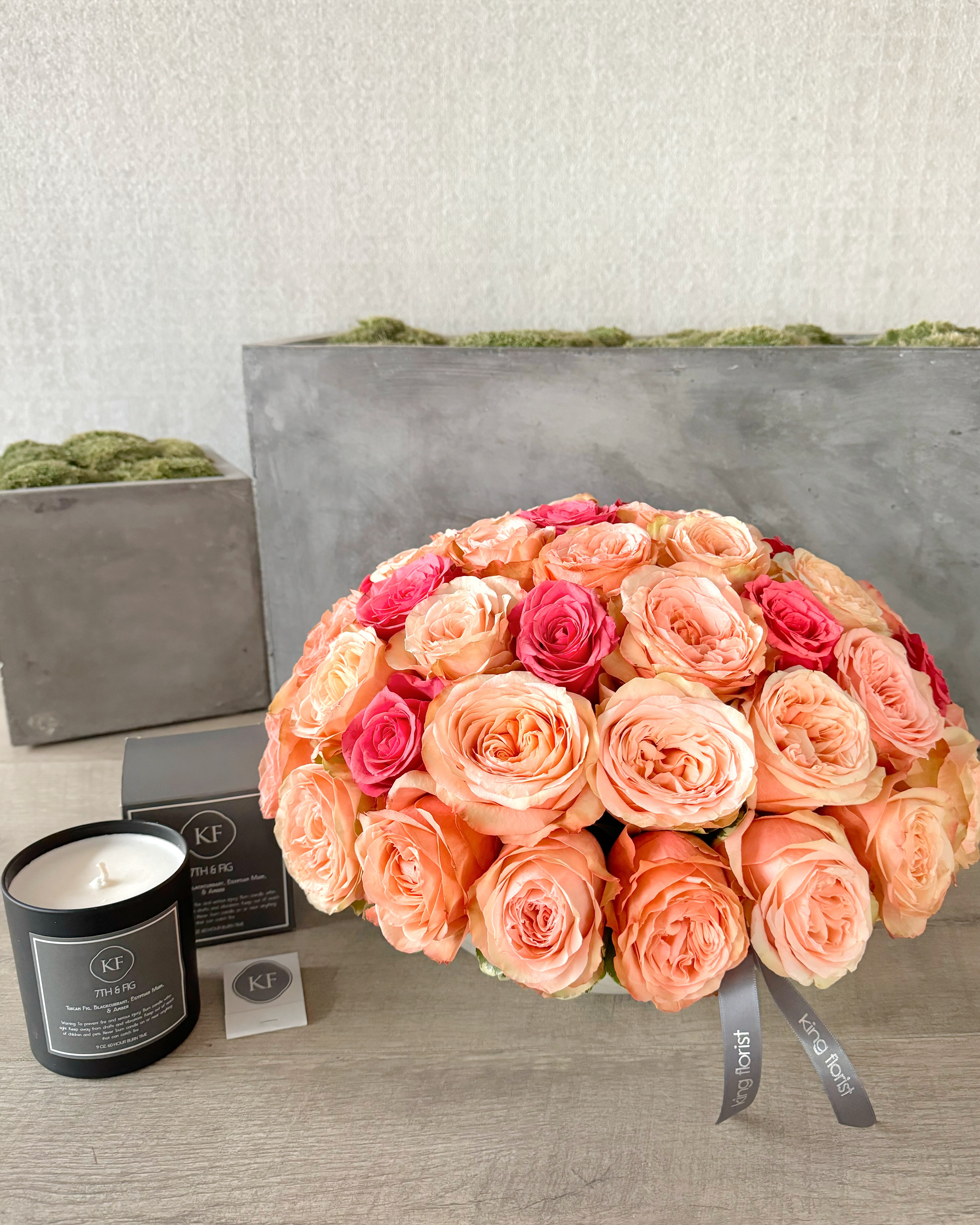 Floral Arrangement and Candle size, inches height and inches wide.
