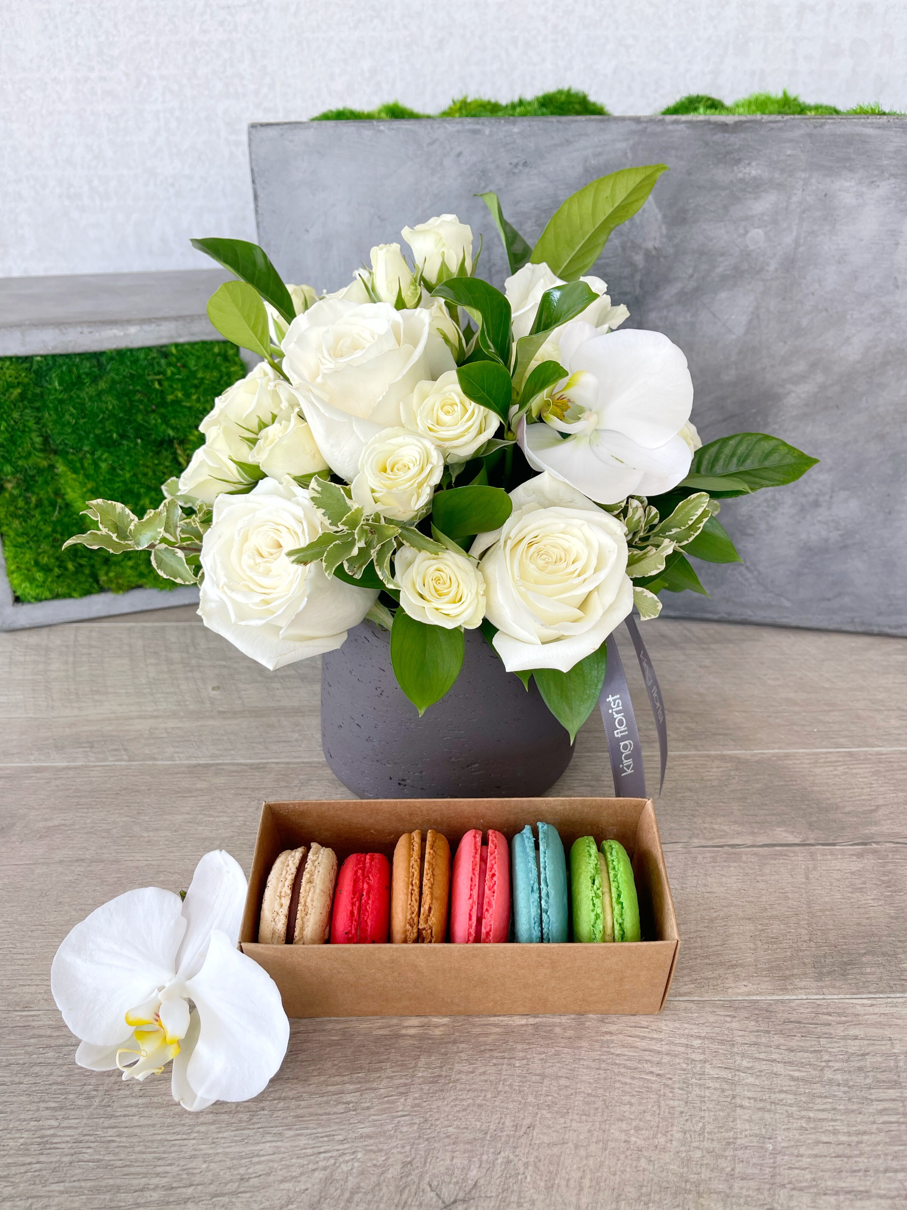Floral Arrangement and Half Dozen Macarons size, inches height and inches wide.