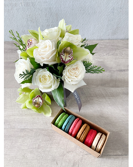 Floral Arrangement and Half Dozen Macarons size, inches height and inches wide.
