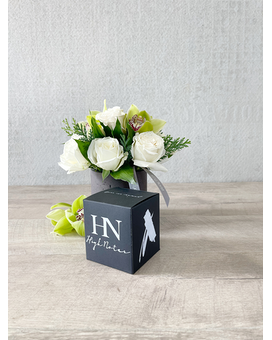 Floral Arrangement and Candle size, inches height and inches wide.