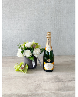 Floral Arrangement and Champagne size, inches height and inches wide.