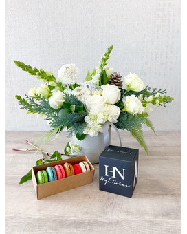 Floral Arrangement, Half Dozen Macarons, and Candle size, inches height and inches wide.
