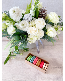 Floral Arrangement and Half Dozen Macarons size, inches height and inches wide.