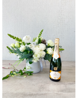 Floral Arrangement and Champagne size, inches height and inches wide.