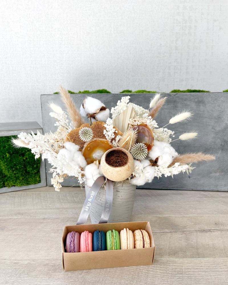 Floral Arrangement and Half Dozen Macarons size, inches height and inches wide.