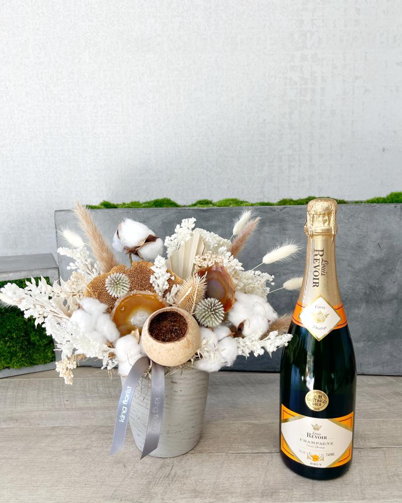 Floral Arrangement and Champagne size, inches height and inches wide.