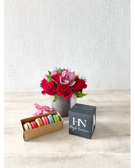 Floral Arrangement, Half Dozen Macarons, and Candle size, inches height and inches wide.