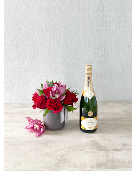 Floral Arrangement and Champagne size, inches height and inches wide.