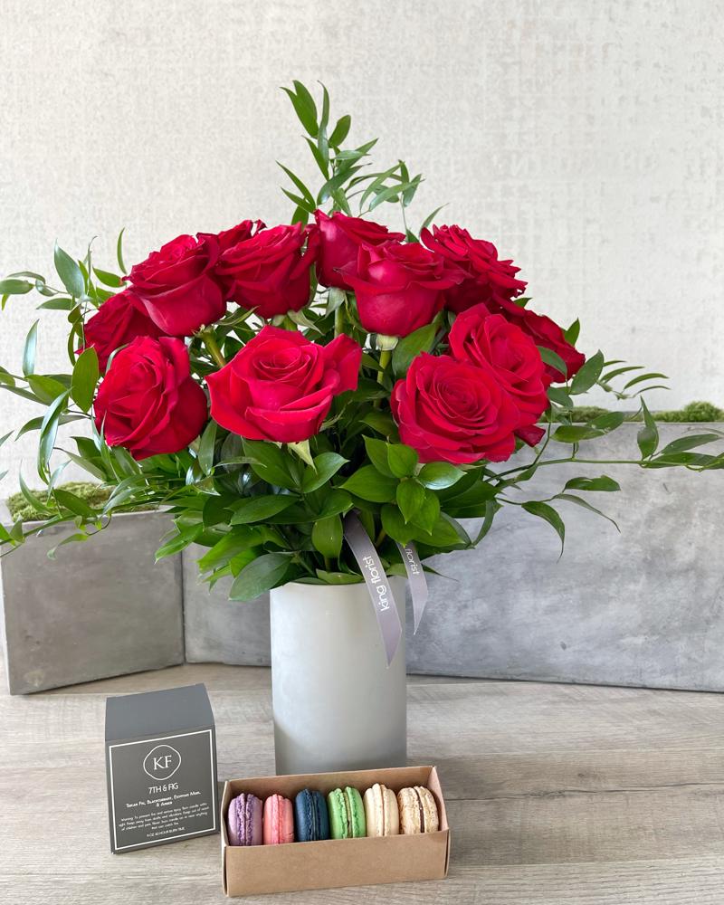 Floral Arrangement, Half Dozen Macarons, and Candle size, inches height and inches wide.