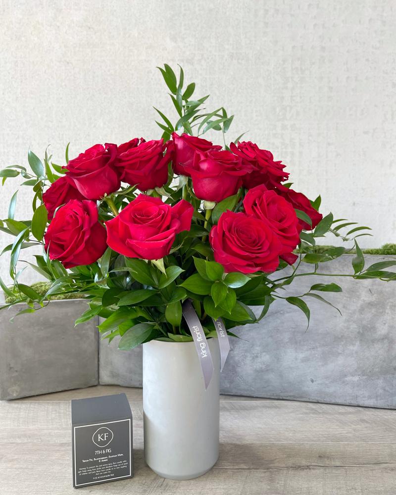 Floral Arrangement and Candle size, inches height and inches wide.