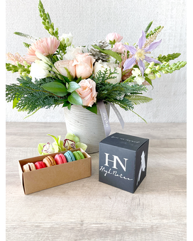 Floral Arrangement, Half Dozen Macarons, and Candle size, inches height and inches wide.