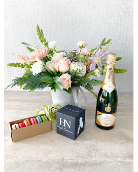 Floral Arrangement and All Add-ons size, inches height and inches wide.