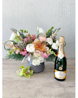 Floral Arrangement and Champagne size, inches height and inches wide.