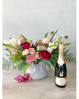 Floral Arrangement and Champagne size, inches height and inches wide.