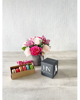 Floral Arrangement, Half Dozen Macarons, and Candle size, inches height and inches wide.