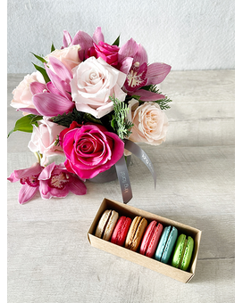 Floral Arrangement and Half Dozen Macarons size, inches height and inches wide.