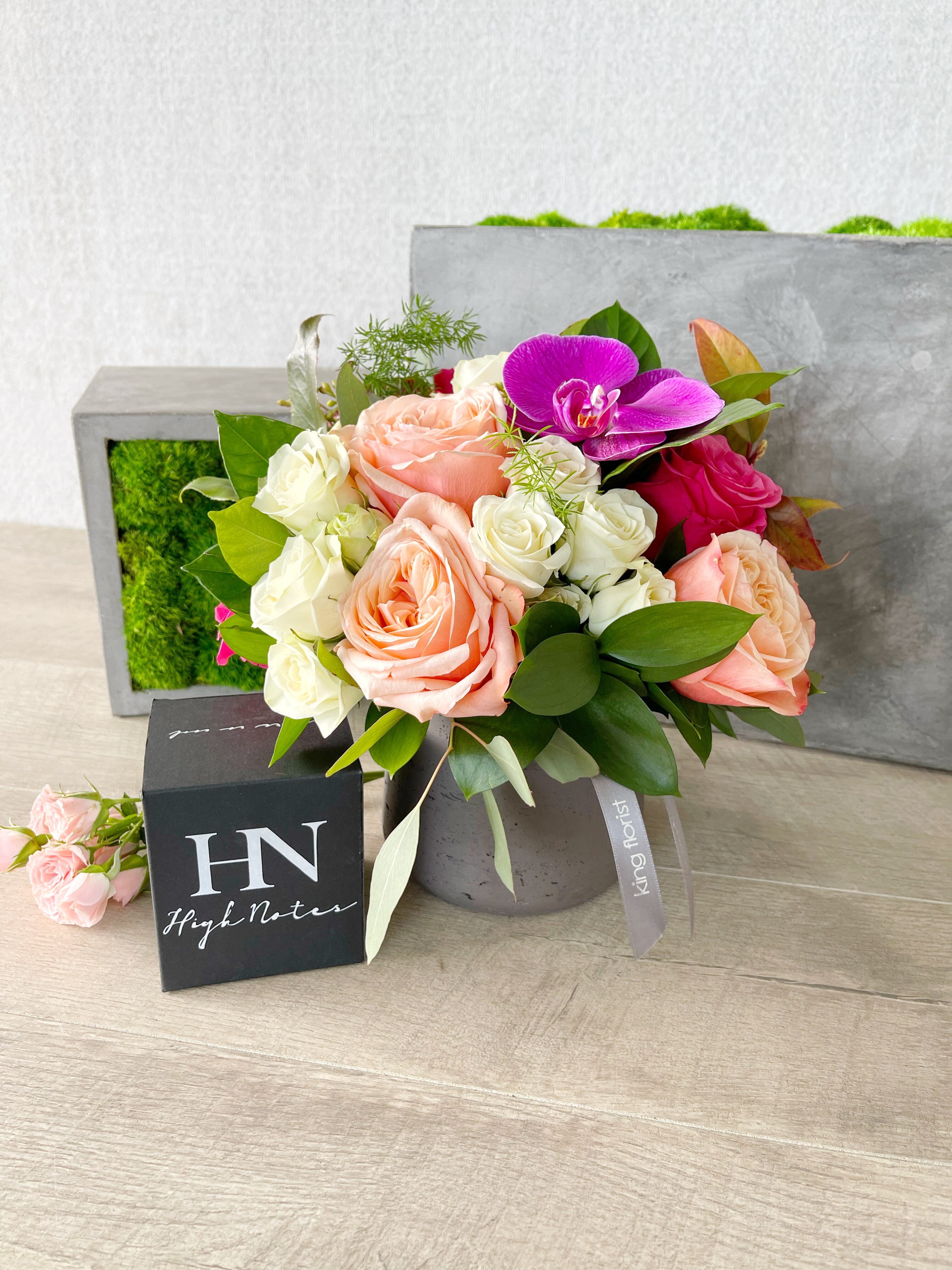 Floral Arrangement and Candle size, inches height and inches wide.