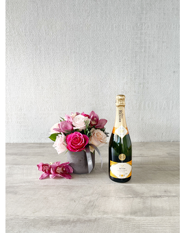 Floral Arrangement and Champagne size, inches height and inches wide.