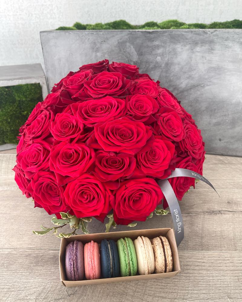 Floral Arrangement and Half Dozen Macarons size, inches height and inches wide.