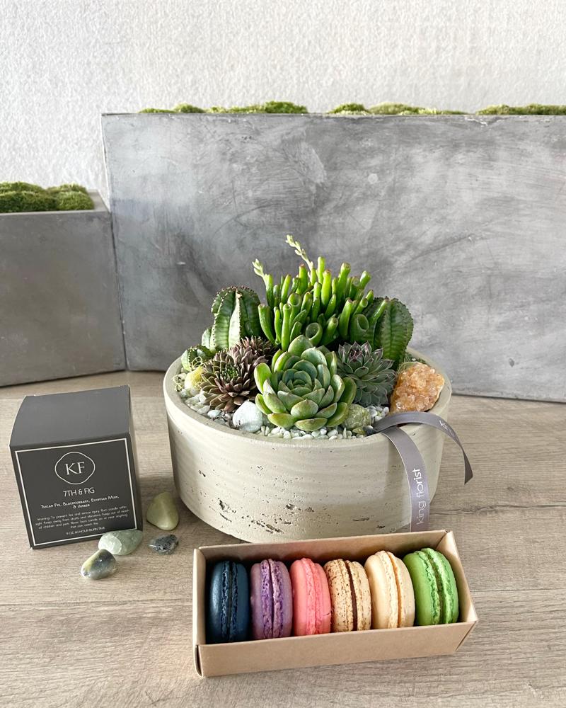 Garden, Half Dozen Macarons, and Candle size, inches height and inches wide.