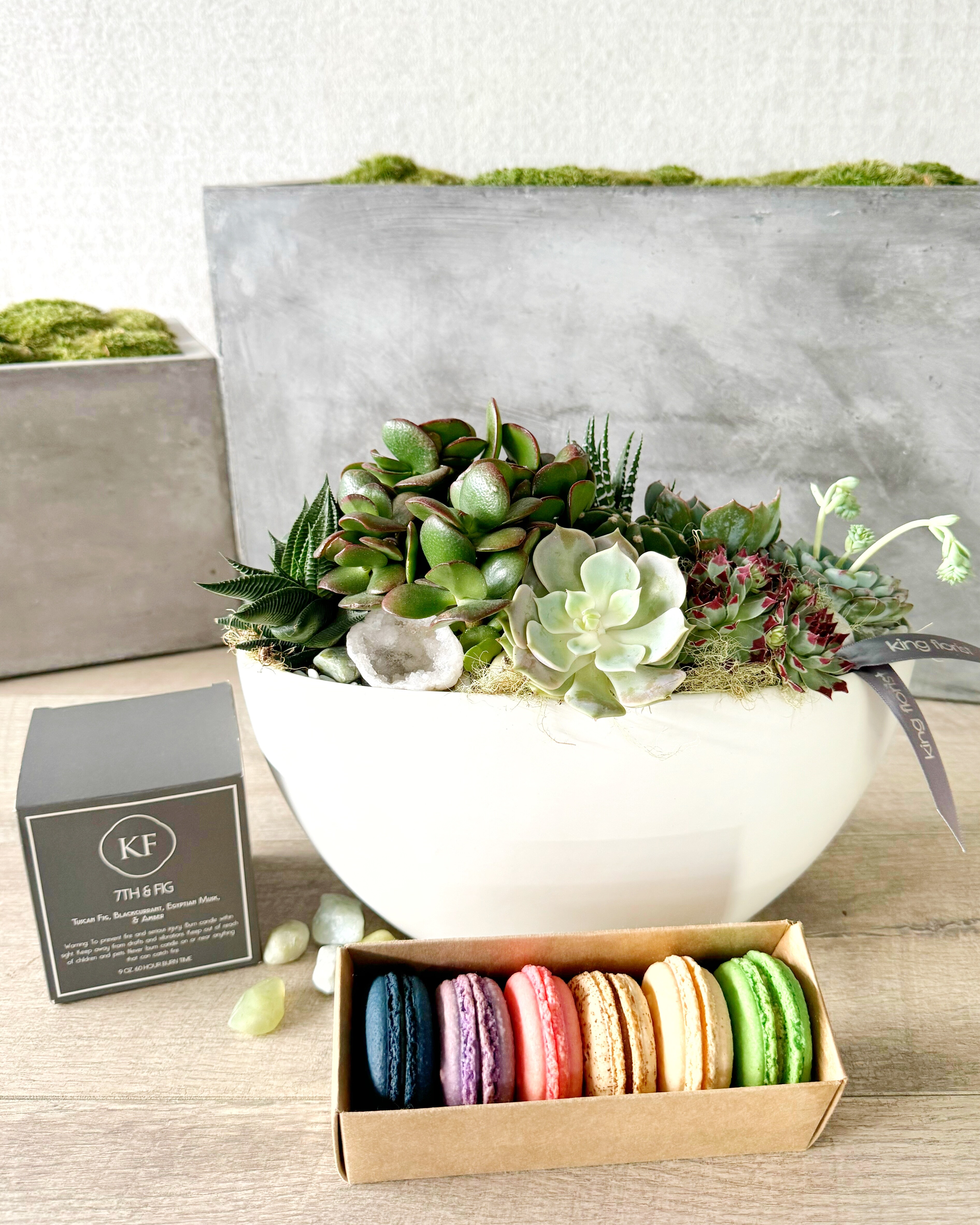 Garden, Half Dozen Macarons and Candle size, inches height and inches wide.
